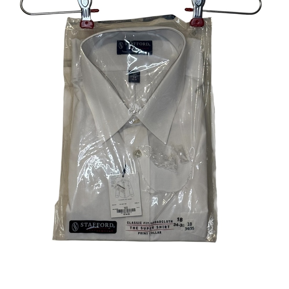 Stafford Men Dress Shirt Classic Fit White Super Performance 18 34/35 Broadcloth